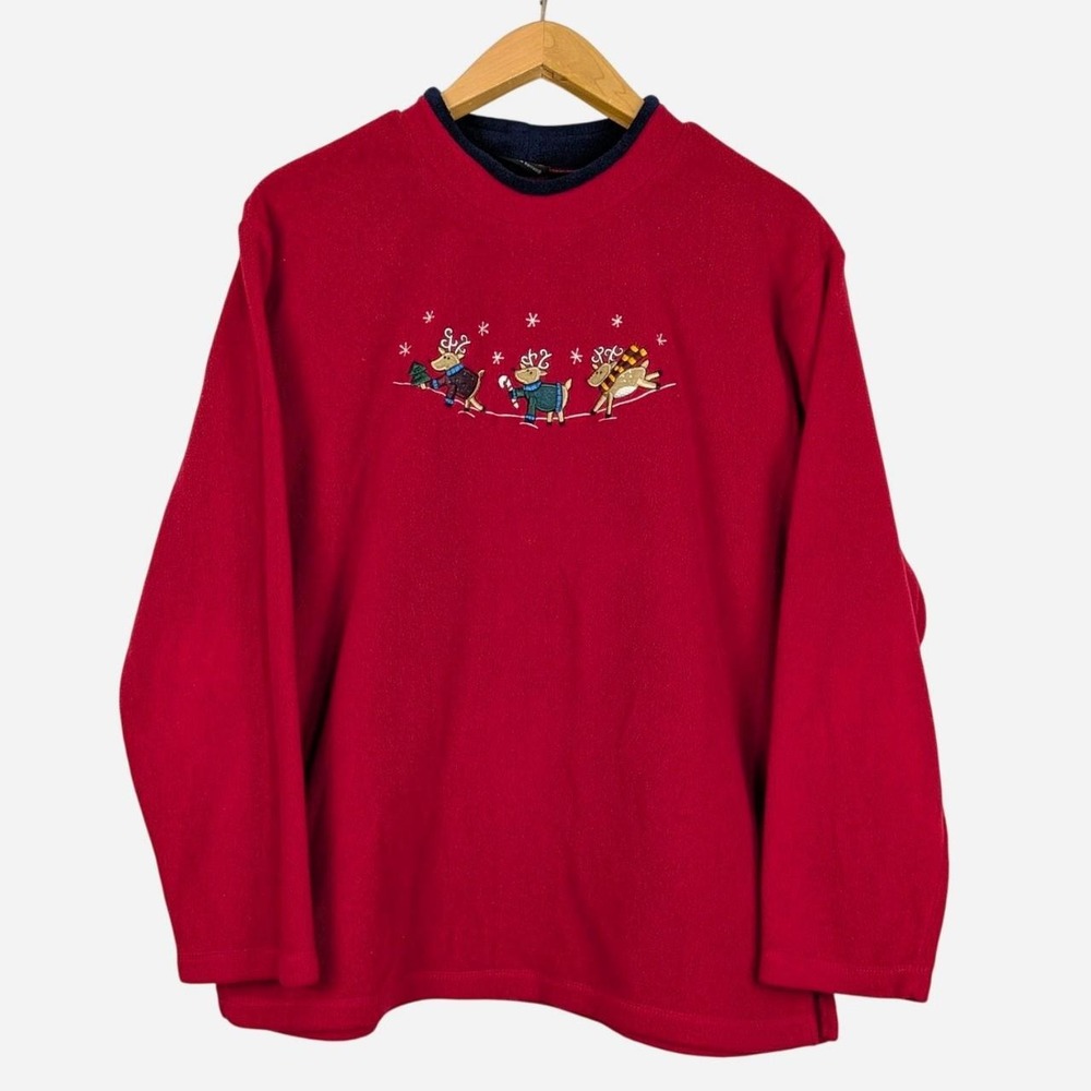 C&B Sport by Croft & Barrow Red Reindeer Embroidered Fleece Pullover Large